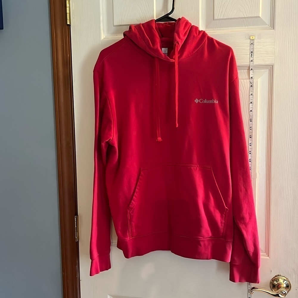 Columbia-M-red with gray and black lettering-kangaroo pocket ,hooded sweatshirt.